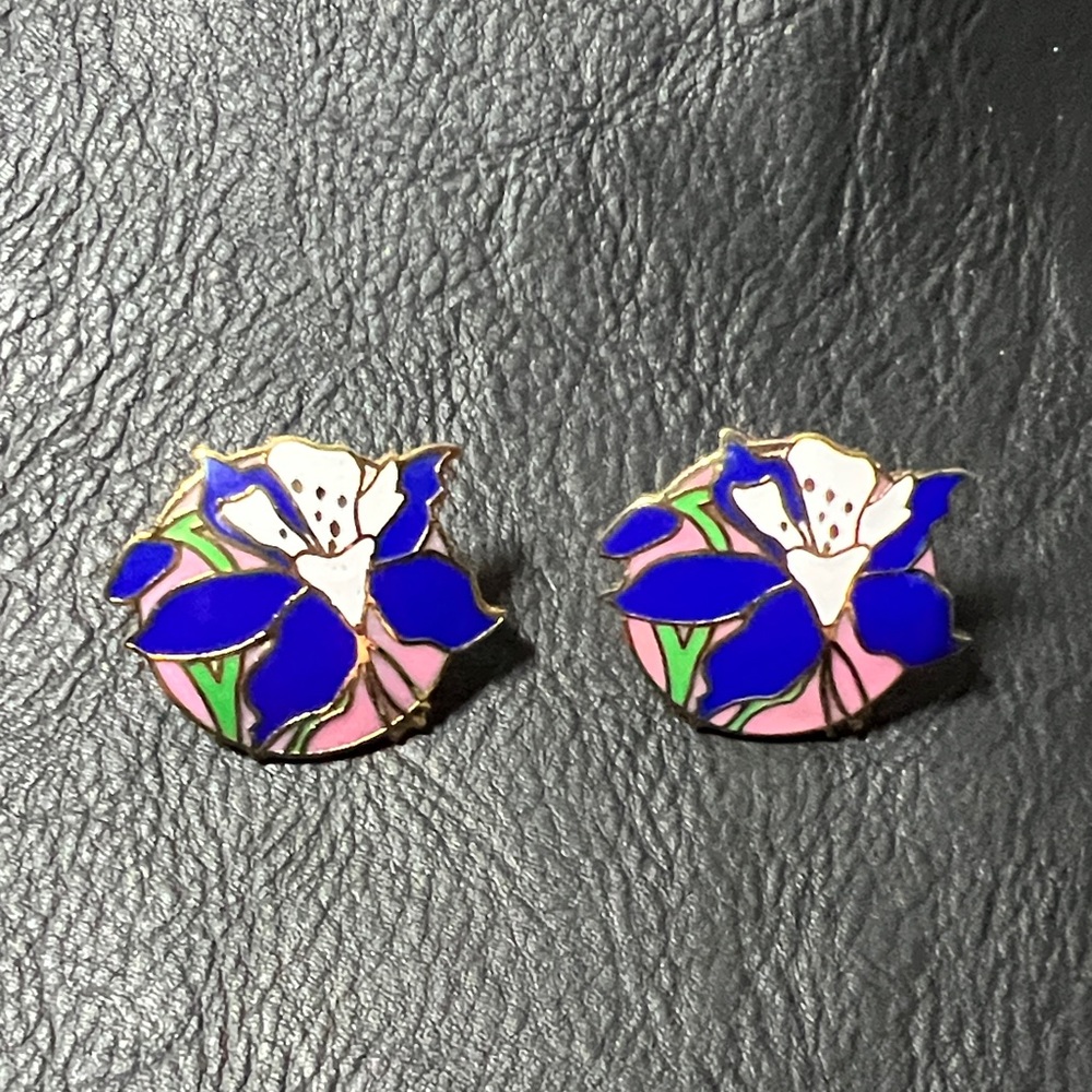 49. Elegant Floral Enamel Earrings - Blue and Pink